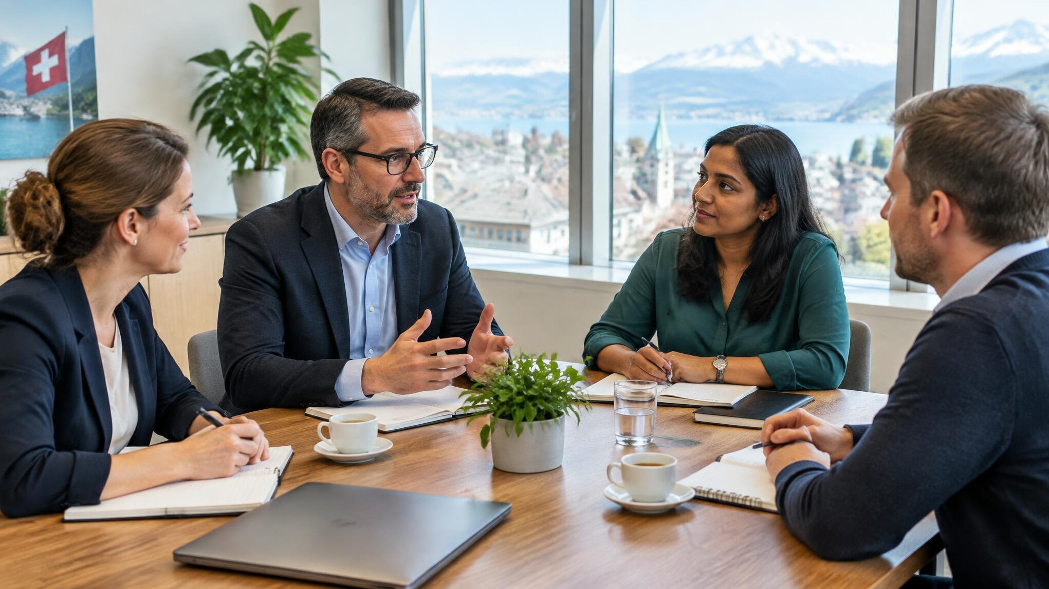 Business meeting with several people talking around a table