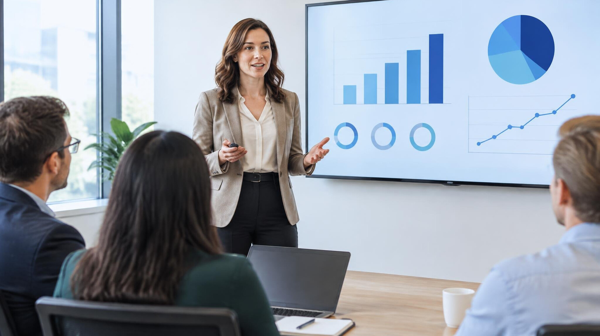 Presenter speaking confidently in front of a small audience