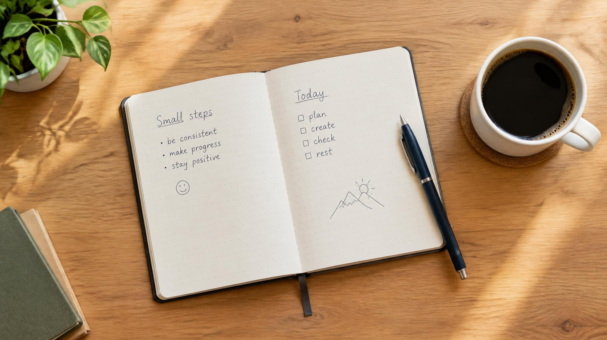 Notebook and pen on a desk for personal reflection