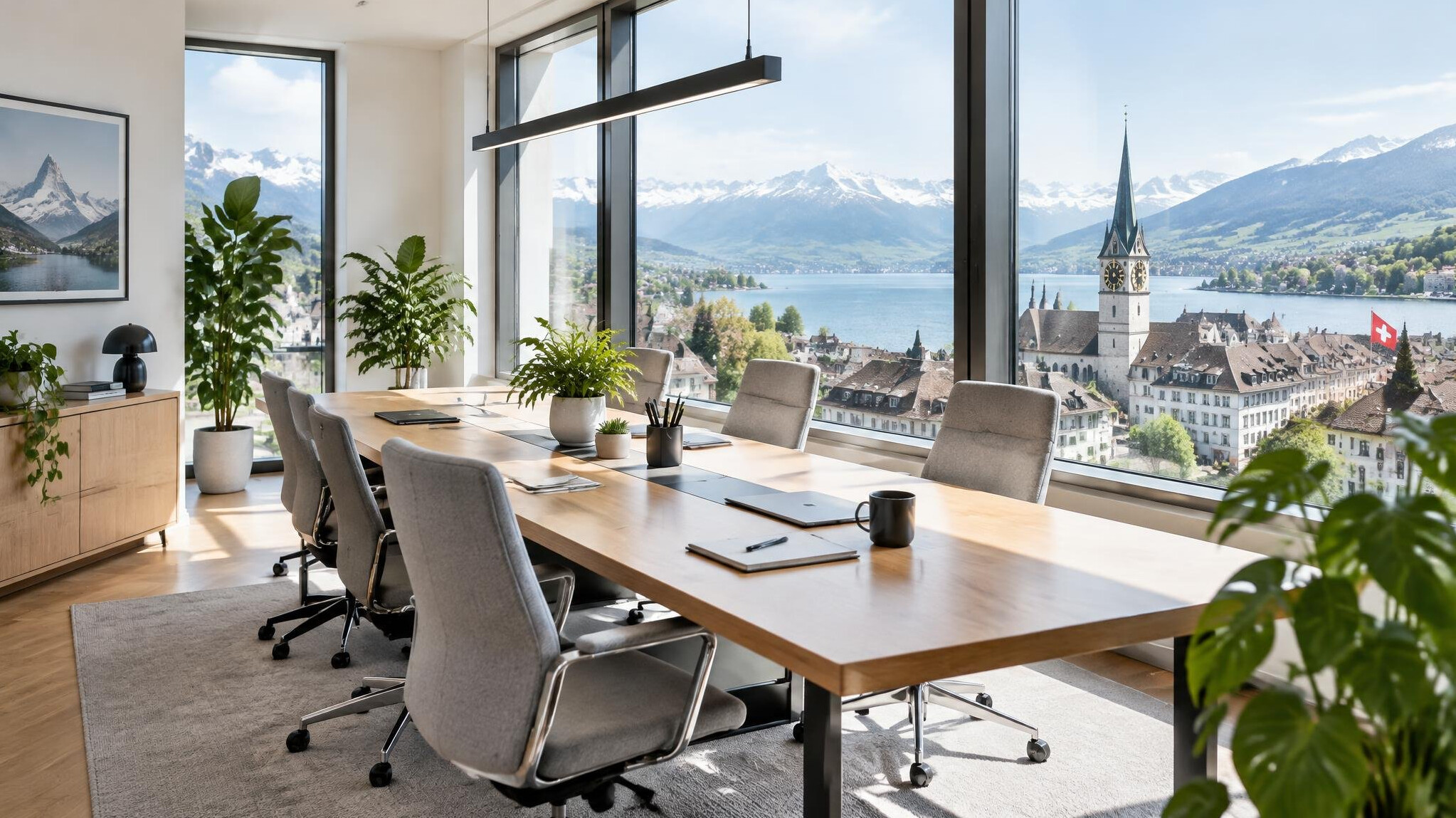 Bright modern office space with desks and large windows